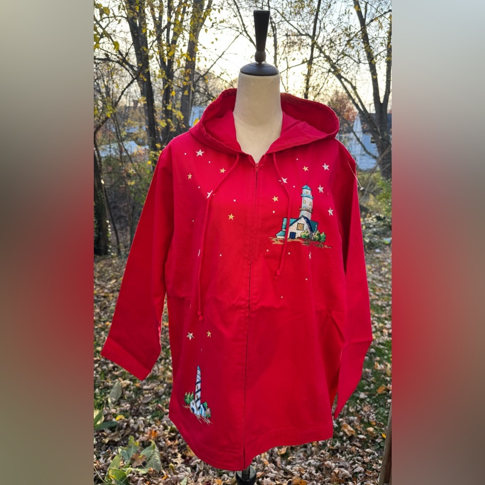 Quacker Factory Red Hooded Windbreaker Jacket Embroidered Lighthouses NWT 2X